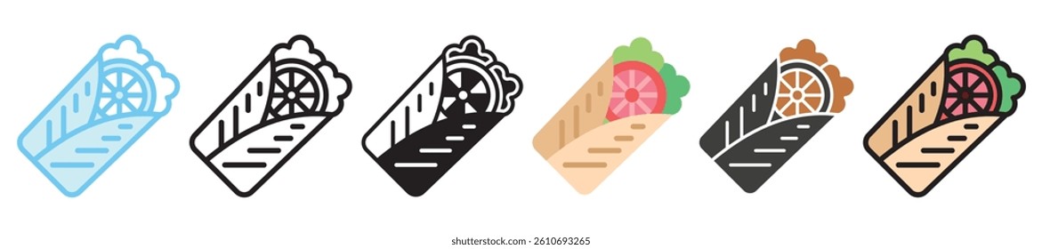 Burrito multi style, mini illustration icon set. outline, flat, glyph, line color, UI, UX, app and web, digital or print. vector EPS 10 related to street food, food festival.