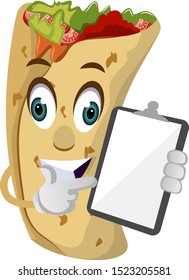Burrito con bloc de notas, ilustración, vector sobre fondo blanco.
