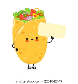 Burrito poster character. Vector hand drawn cartoon kawaii character illustration. Isolated white background. Burrito and poster