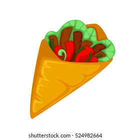 Burrito roll, shawarma or gyros pita. Fast food of mexican, turkish or arabian cuisine vegetable, salad and meat of a doner kebab in wrap. of isolated on white background.
