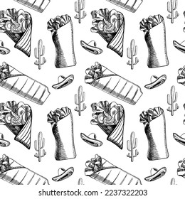 Burrito seamless pattern drawing. Traditional mexican food vector background. Hand drawn fast food snack. Design for fashion , fabric, textile, wallpaper, cover. Vector illustration.