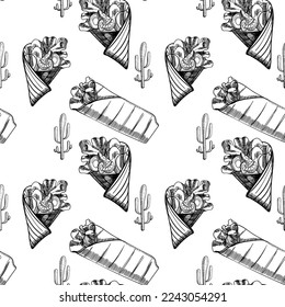 Burrito seamless pattern drawing. Traditional mexican food vector background. Hand drawn fast food snack. Design for fashion , fabric, textile, wallpaper, cover. Vector illustration.