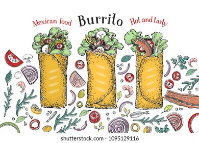 Burrito set. Mexican food. Traditional mexican cuisine. Banner template. Vector hand drawn Illustration. Can be use for fast food, snack and takeaway menu and banner. Retro style.