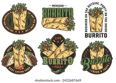 Burrito set mexican food vector with meat and vegetable for logo or emblem. Traditional burritos latin fast food collection.