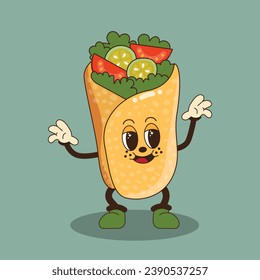 Burrito, shaurma. Groovy fast food character in retro style. Street food design. Vector vintage illustration. Nostalgia for the 70s, 80s, 90s. Trendy retro psychedelic style. Y2k aesthetic.