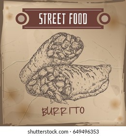 Burrito sketch on grunge background. Mexican cuisine. Street food series. Great for market, restaurant, cafe, food label design.