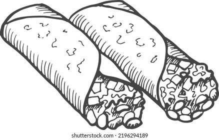 Burrito sketch. Traditional mexican food roll engraving