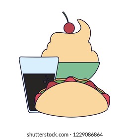 Burrito and soda cup with ice cream