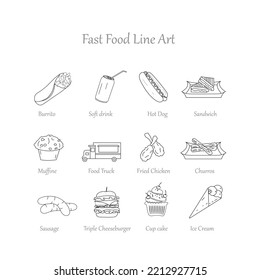 Burrito, Soft drink, Hot dog, Sandwich, Muffins, Food Truck, Fried Chicken, Churros, Sausage, Triple Cheeseburger, cup cake, Ice Cream Fast food line art icon or Icon set Illustration