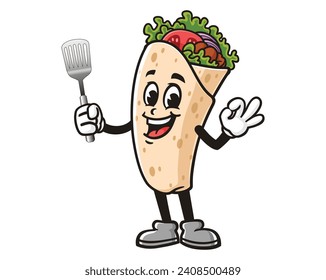 Burrito with spatula cartoon mascot illustration character vector clip art hand drawn