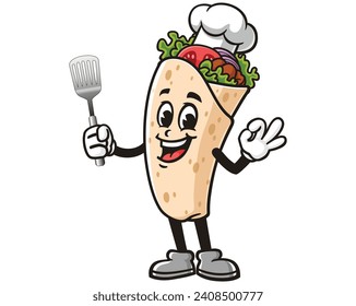 Burrito with a spatula and wearing a chef's hat cartoon mascot illustration character vector clip art hand drawn