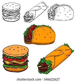 Burrito, taco, hot-dog hand drawn illustrations isolated on white background. Design elements for restaurant menu, flyer, emblem . Vector illustration.