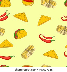 Burrito, taco and nachos. Colorful vector background, Mexican food seamless pattern. cute hand draw style. Vector Seamless Pattern Design Template 