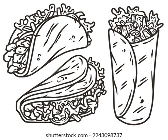 Burrito and taco vector set with meat and vegetable for design. Traditional mexican fast food. Tacos Mexico food with tortilla, leaves lettuce, cheese, tomato, forcemeat, sauce.