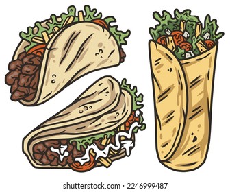 Burrito and taco vector set with meat and vegetable for design. Traditional mexican fast food. Tacos Mexico food with tortilla, leaves lettuce, cheese, tomato, forcemeat, sauce.