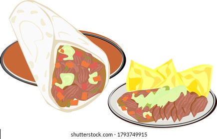 burrito, Tacos,mexican street food lunch dinner, Vector illustration Meat dishes Seasoned with choss and tomatoes and cucumber