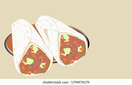 burrito, Tacos,mexican street food lunch dinner, Vector illustration Meat dishes Seasoned with choss and tomatoes and cucumber