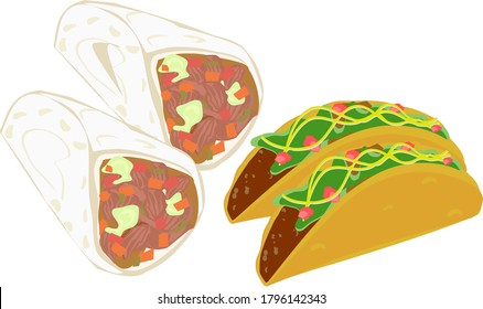 burrito, Tacos,mexican street food lunch dinner, Vector illustration Meat dishes Seasoned with choss and tomatoes and cucumber