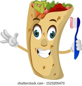 Burrito con cepillo dental, ilustración, vector sobre fondo blanco.