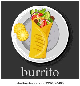 Burrito, tortilla stuffed with meat and vegetables, herbs, the original inscription for the word burrito. Menu design of a fast food cafe with Mexican cuisine. Latin American cuisine.