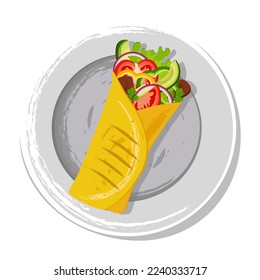 Burrito, tortilla stuffed with meat and vegetables, herbs, the original inscription for the word burrito. Menu design of a fast food cafe with Mexican cuisine. Latin American cuisine.