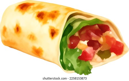 Burrito Tortilla Wrap Isolated Detailed Hand Drawn Watercolor Painting Illustration