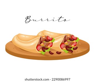 Burrito, tortillas with meat and beans on a wooden tray, latin american cuisine. National cuisine of Mexico. Food illustration, vector	