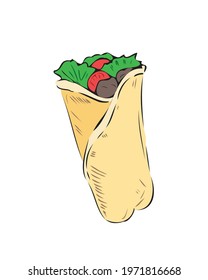 Burrito, traditional Mexican dish, grilled meat with vegetables rolled into tortilla, vector illustration on white background. Hand drawn Mexican burrito - flour tortilla with meat filling.