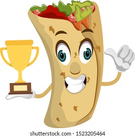 Burrito with trophy, illustration, vector on white background.