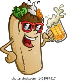 A burrito vector cartoon with attitude, wearing sunglasses and drinking a mug of cold delicious Mexican beer svg