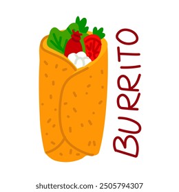 Ilustración plana de Vector de Burrito de comida mexicana. Una imagen brillante con una tortilla en el interior rellena de salchichas, tomate, lechuga, cebolla y otros productos. Deliciosa comida mexicana con etiqueta de producto