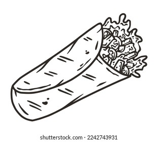 Burrito vector with meat and vegetable for design of logo or emblem. Traditional mexican fast food. Burritos latin food with tortilla, leaves lettuce, cheese, tomato, forcemeat, sauce.