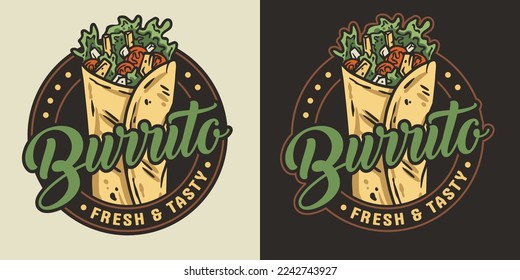 Burrito vector with meat and vegetable for logo or emblem. Traditional mexican fast food. Burritos latin food with tortilla, leaves lettuce, cheese, tomato, forcemeat, sauce.