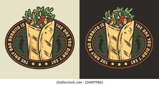 Burrito vector with meat and vegetable for logo or emblem. Traditional mexican fast food. Burritos latin food with tortilla, leaves lettuce, cheese, tomato, forcemeat, sauce.