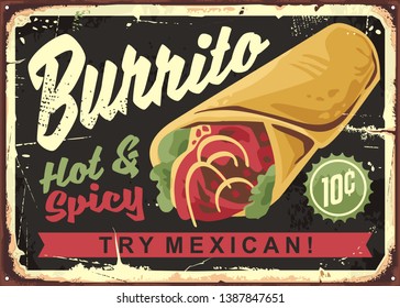 Schild des Burrito Vintage Restaurants. mexikanische Werbung für Lebensmittel Vektorgrafik.