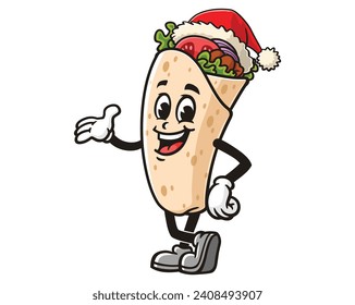 Burrito wear Christmas hat cartoon mascot illustration character vector clip art hand drawn