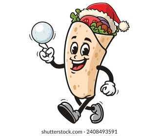 Burrito wear Christmas hats and play snowballs cartoon mascot illustration character vector clip art hand drawn