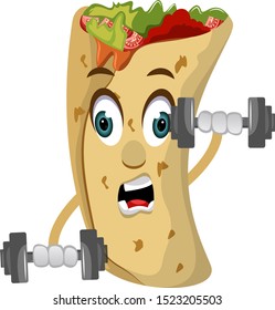 Burrito con pesas, ilustración, vector sobre fondo blanco.
