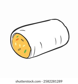 A burrito wrapped in foil, ideal for Mexican cuisine, quick meals, and fast food designs.