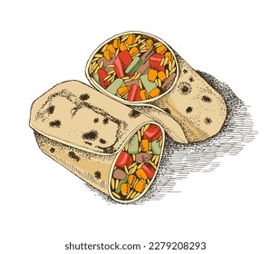 Burritos with beef and vegetables. Mexican food.