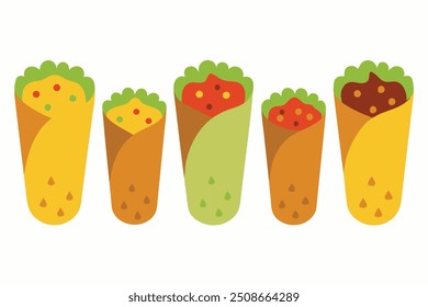 Burritos arte de cor que retrata preenchimentos saudáveis e tortillas frescas