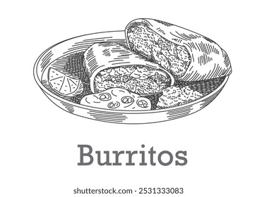 Burritos na placa, estilo de esboço desenhado à mão. Comida tradicional mexicana.