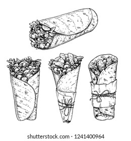 Burritos set. Hand drawn sketch style vector illustrations of traditional mexican fast food. Best for restaurant menu, packages and party designs. Retro drawings isolated on white background.