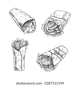 Burritos set. Hand drawn sketch vector illustrations of traditional mexican fast food  isolated on white background. Vintage illustration. Element for the design of labels, packaging and postcards
