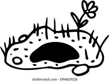 Burrow Entrance In Grassy Hill. Hand-drawn Fox Hole. Wolf Lair. Black Doodle Of Bear Den In Ground. Cartoon Dwelling Of Wild Forest Animals. Vector Illustration At Home For Kids Educational Books.