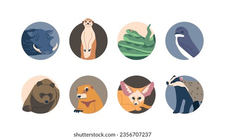 Burrowing Animals Isolated Round Icons or Avatars. Warthog, Meerkat, Badger, And Groundhog, Fennec, Bear, Swallow