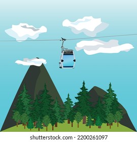 Bursa cable car illustration,cable car in the forest vektor,cloud,mountain,blue background,trees,landscape