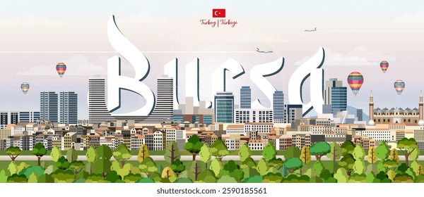 Bursa cityscape colorful vector illustration with big city name on the background. Travel trendy poster