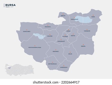 Bursa province of Turkey, detailed map.