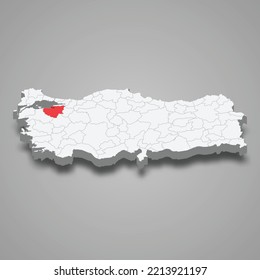 Bursa region location within Turkey 3d isometric map